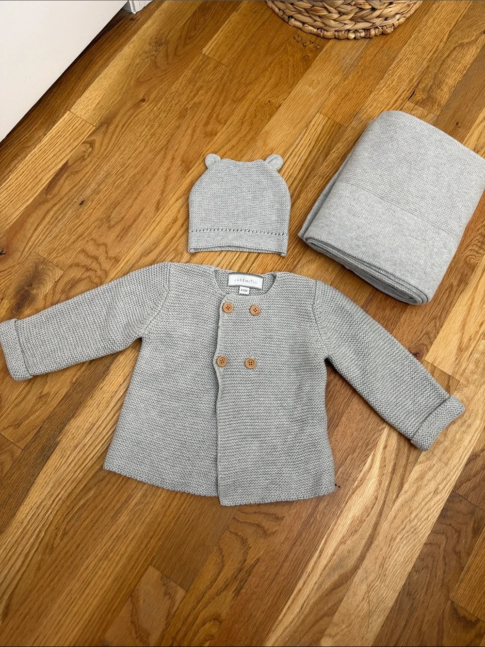 Jake and Jill Light Gray Knit Baby Cardigan, Hat & Blanket Set 100% Cotton